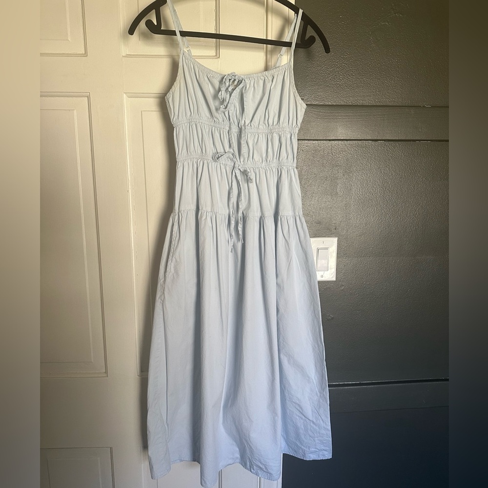 Sim & Sam Tie Front Milkmaid Poplin Midi Sun Dress Summer Light Blue Bow Smocked